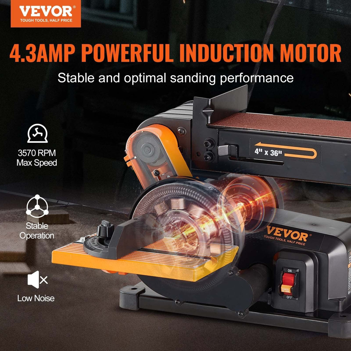 Belt Disc Sander Combo, 6" Disc Sander and 4"x36" Belt Sander with 4.3A Induction Motor 3570RPM, Bench Sander & 0-90° Tiltable Belt and 0-45° Adjustable Cast Aluminum Worktable for Woodworking