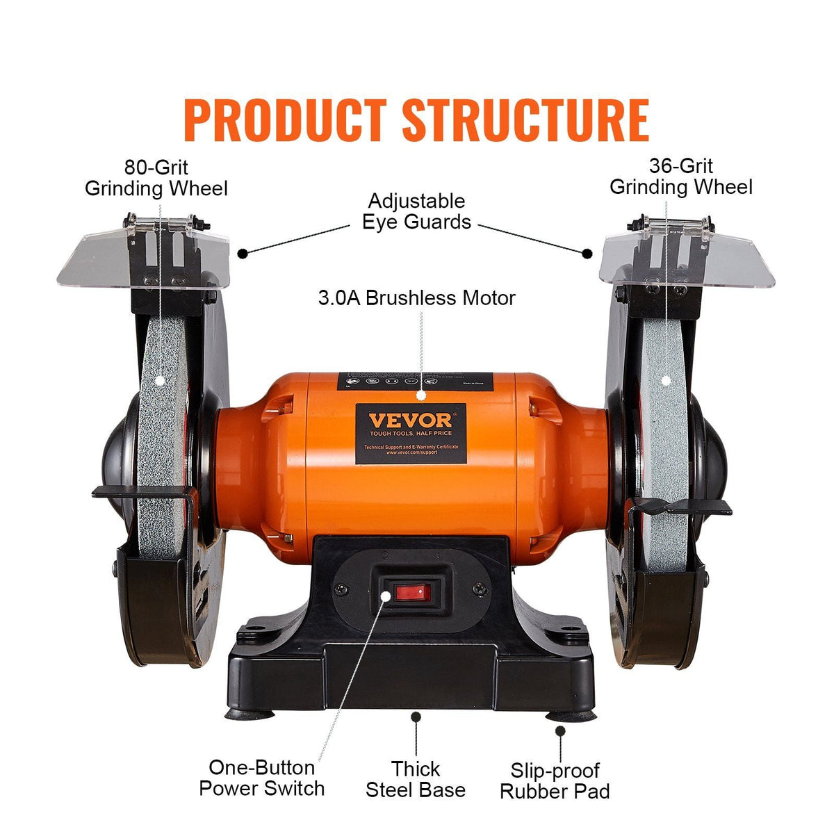 Bench Grinder, 8 inch Single Speed Bench Grinder with 3A Brushless Motor 3580 RPM Table Grinder with 36/80-Grit Grinding Wheels for Grinding, Sharpening Application