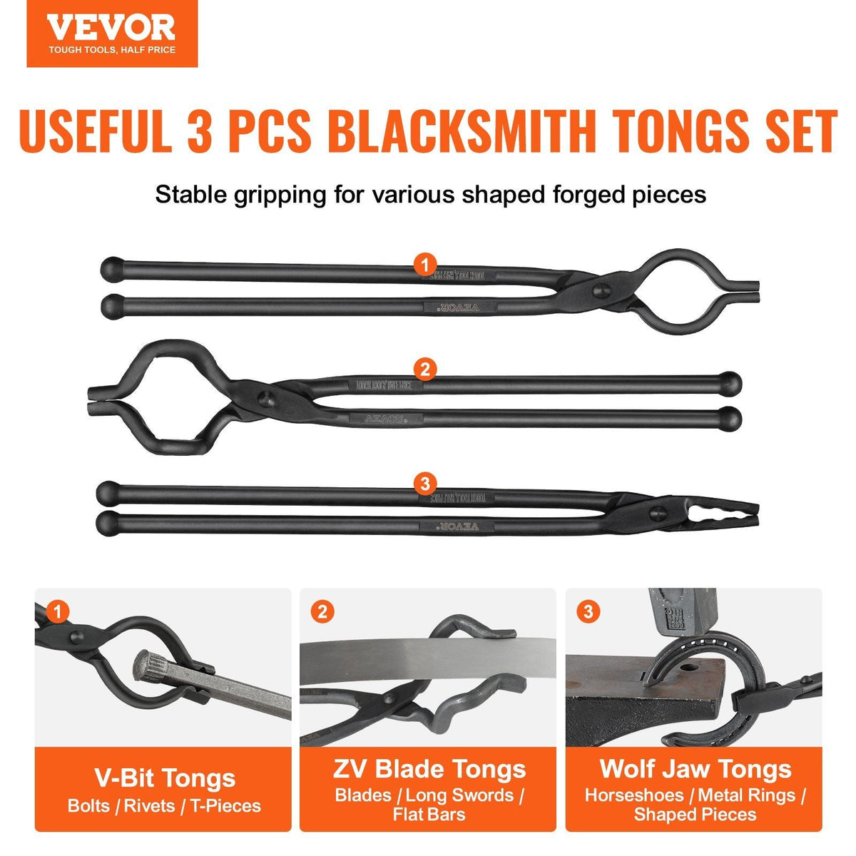 Blacksmith Tongs, 18' 3 PCS, V-Bit Bolt Tongs, Wolf Jaw Tongs and Z V-Bit Tongs, Carbon Steel Forge Tongs with A3 Steel Rivets, for Beginner and Seasoned Blacksmiths, Bladesmiths and Craftsmen