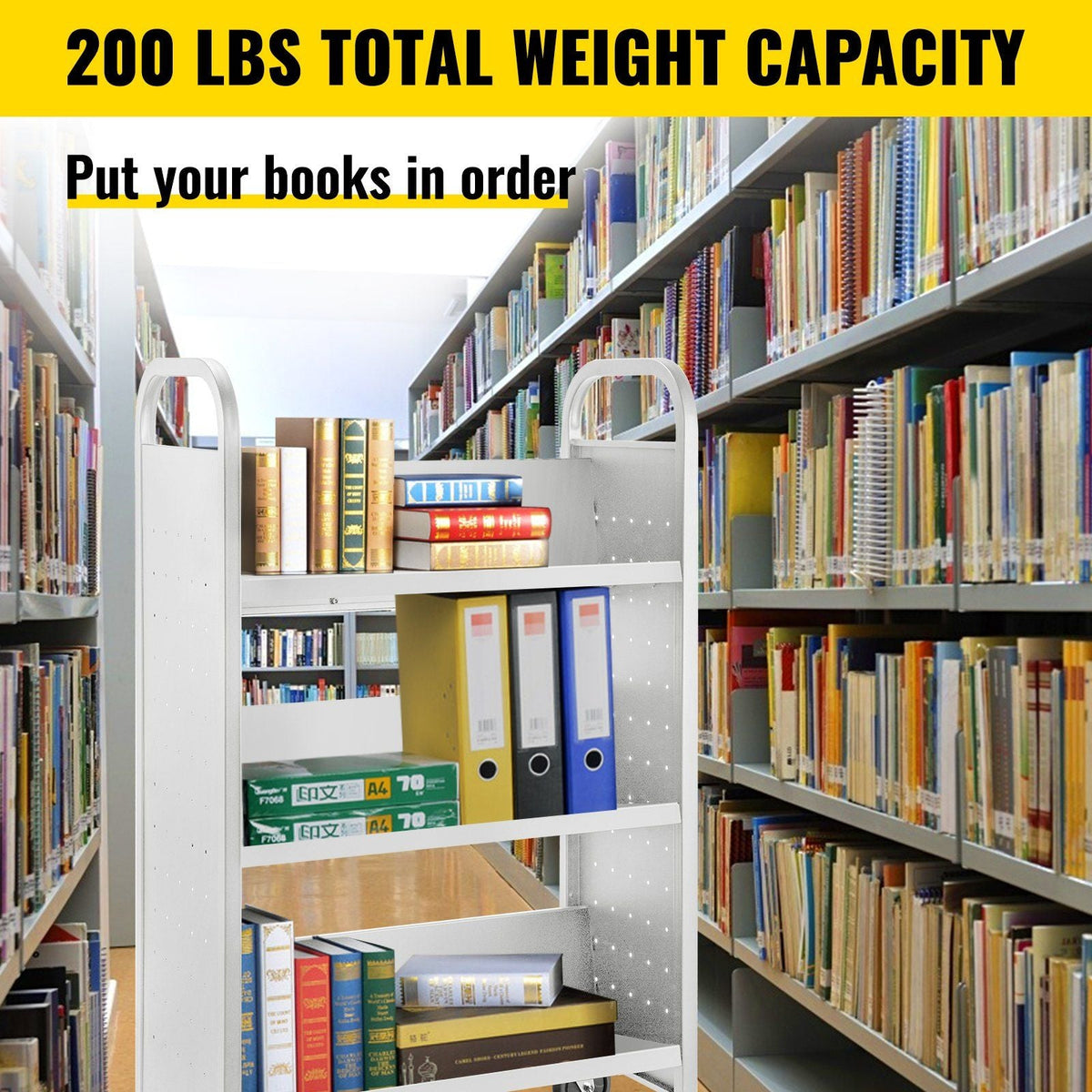Book Cart Library Cart 200 lbs Capacity with V-Shaped Shelves in Black