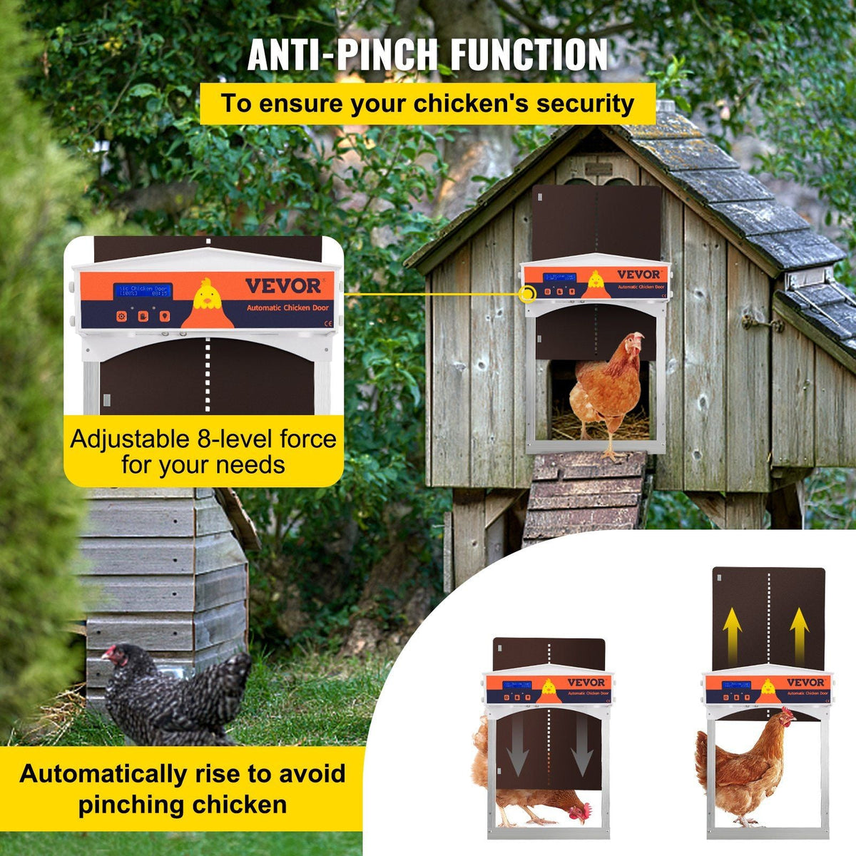 Brown Automatic Chicken Coop Door, Auto Close, Gear Lifter Galvanized Poultry Gate with Evening and Morning Delayed Opening Timer & Light Sensor, Battery Powered LCD Screen, for Duck