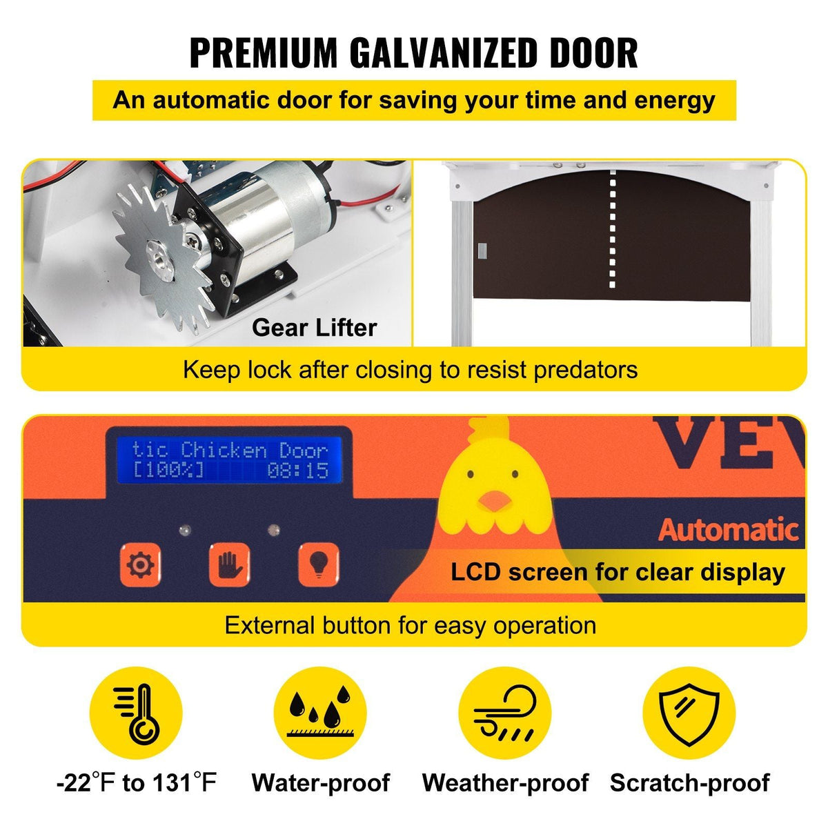 Brown Automatic Chicken Coop Door, Auto Close, Gear Lifter Galvanized Poultry Gate with Evening and Morning Delayed Opening Timer & Light Sensor, Battery Powered LCD Screen, for Duck