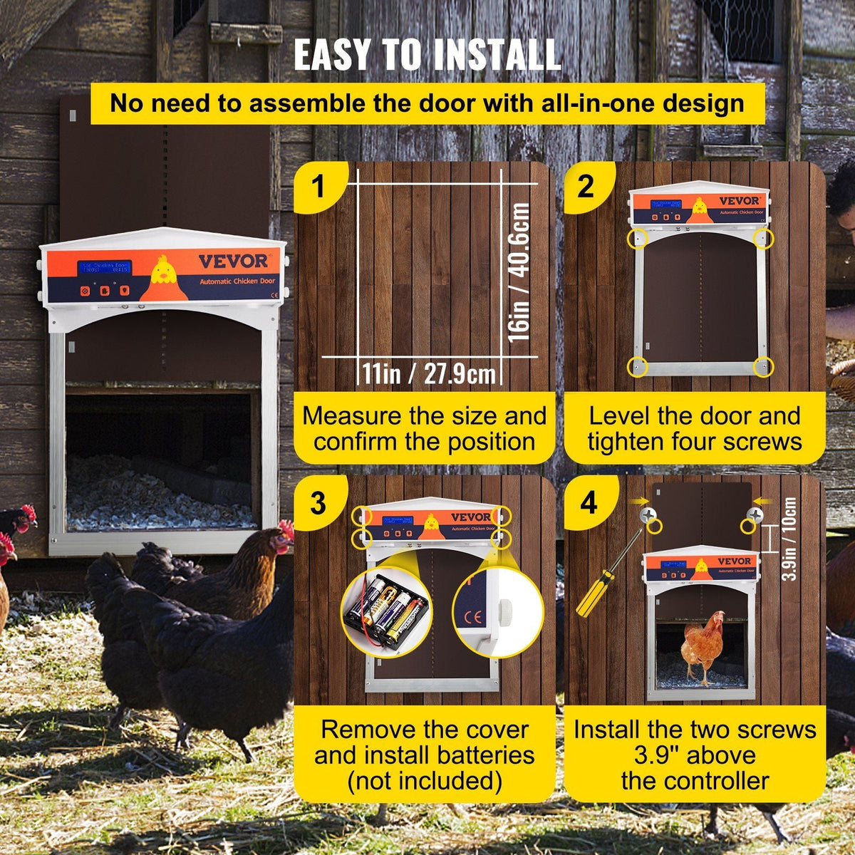 Brown Automatic Chicken Coop Door, Auto Close, Gear Lifter Galvanized Poultry Gate with Evening and Morning Delayed Opening Timer & Light Sensor, Battery Powered LCD Screen, for Duck