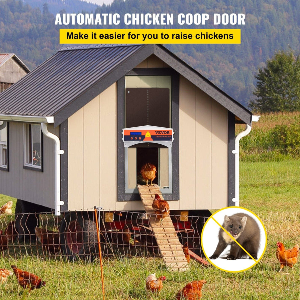 Brown Automatic Chicken Coop Door, Auto Close, Gear Lifter Galvanized Poultry Gate with Evening and Morning Delayed Opening Timer & Light Sensor, Battery Powered LCD Screen, for Duck