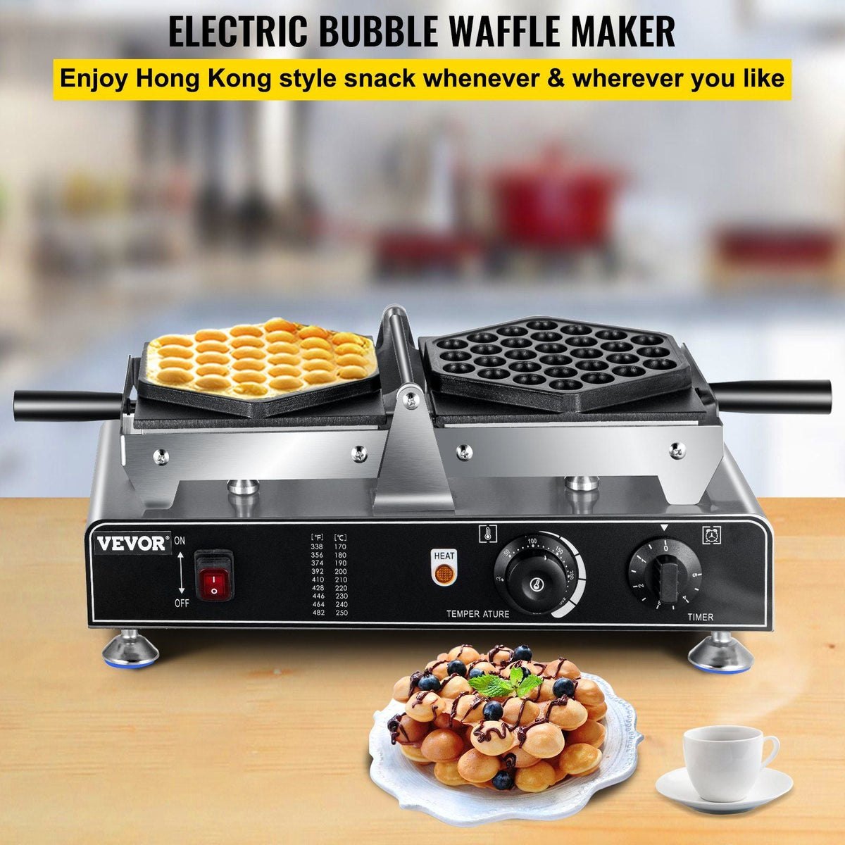 Bubble Waffle Maker, 110V Electric Egg Waffle Maker, 1500W Hong Kong Egg Puff Machine w/2 Reversible Pans, Commercial Bubble Waffle Machine w/Non-Stick Teflon Coating, 122-572°F Omelette Maker