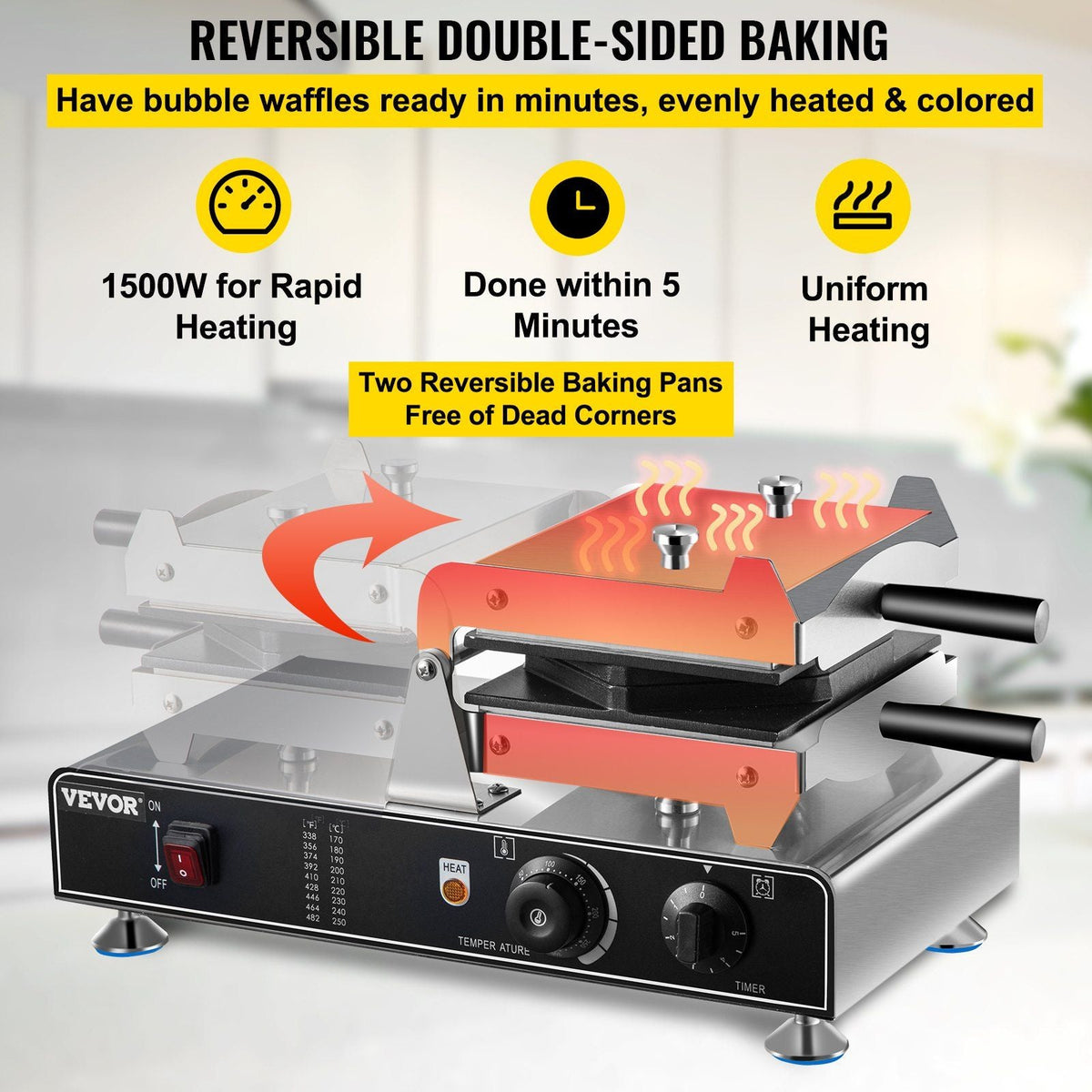 Bubble Waffle Maker, 110V Electric Egg Waffle Maker, 1500W Hong Kong Egg Puff Machine w/2 Reversible Pans, Commercial Bubble Waffle Machine w/Non-Stick Teflon Coating, 122-572°F Omelette Maker