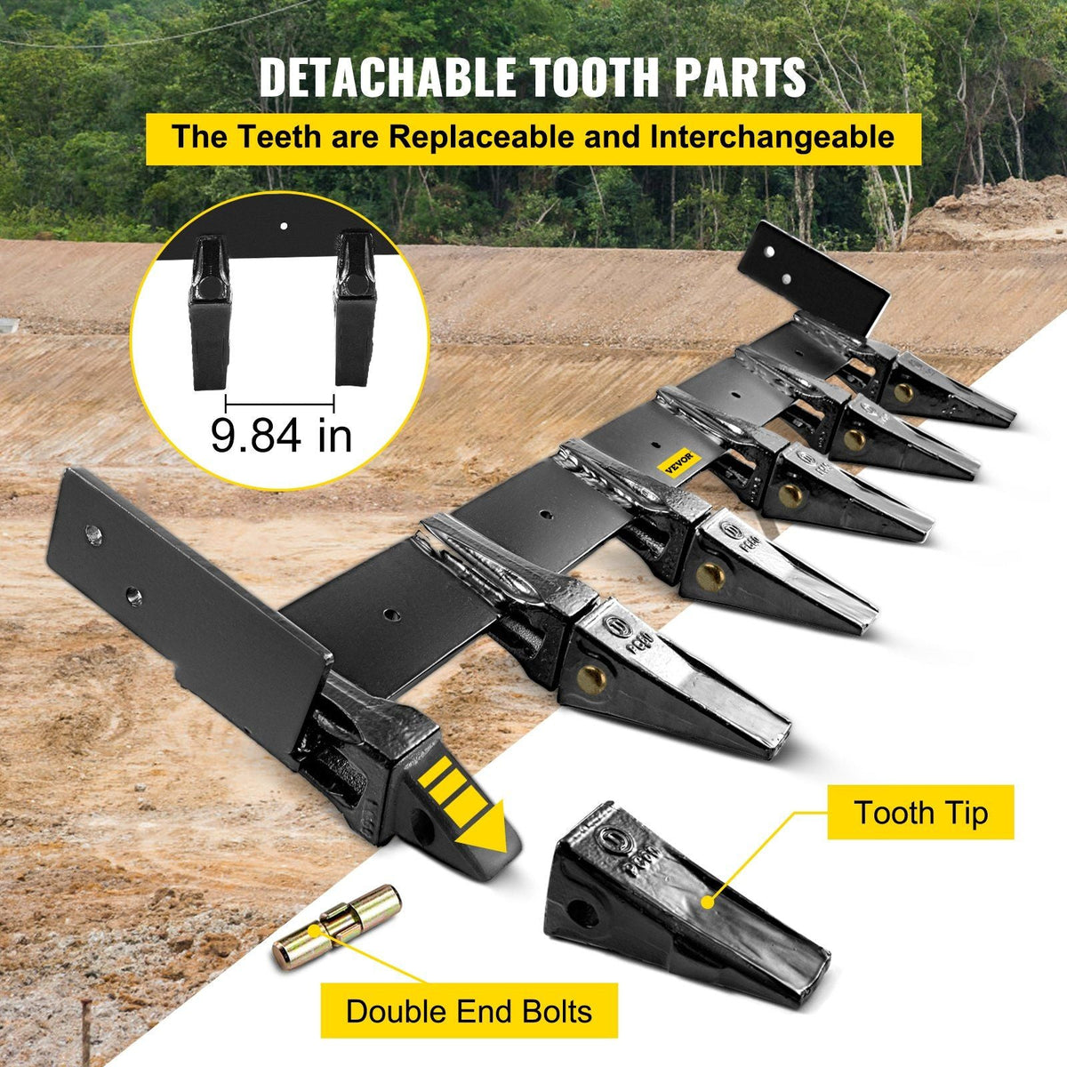 Bucket Tooth Bar, 48'' Inside Bucket Width Tractor Bucket Teeth, 9.84'' Teeth Space Tooth Bar for Loader Bucket 23TF, Bolt on Tooth Bucket Enables Penetration of Compacted Soil