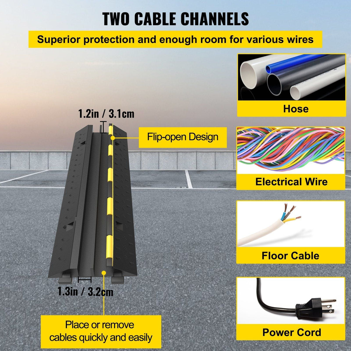 Cable Protector Ramp, 2 Packs 2 Channels Speed Bump Hump, Heavy Duty 11000 LBS/ 5 Ton Loading Rubber Modular Protective Wire Cord Driveway Traffic, 2 Pcs, Black