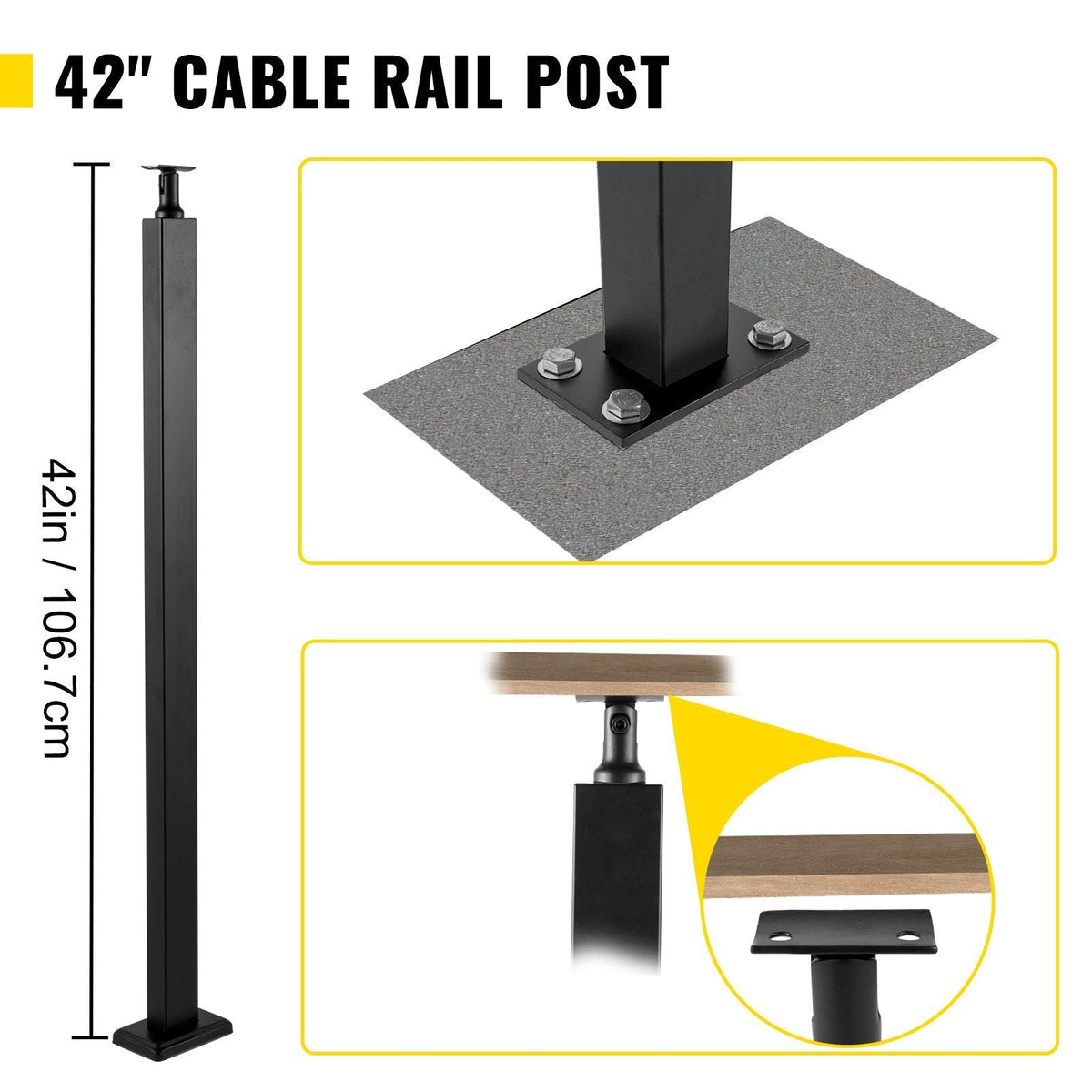 Cable Rail Post Level Deck Stair Post 42 x 0.98 x 1.97" Cable Handrail Post Stainless Steel Brushed Finishing Deck Railing DIY Picket Without Hole Stair Railing Kit with Mount Bracket Black