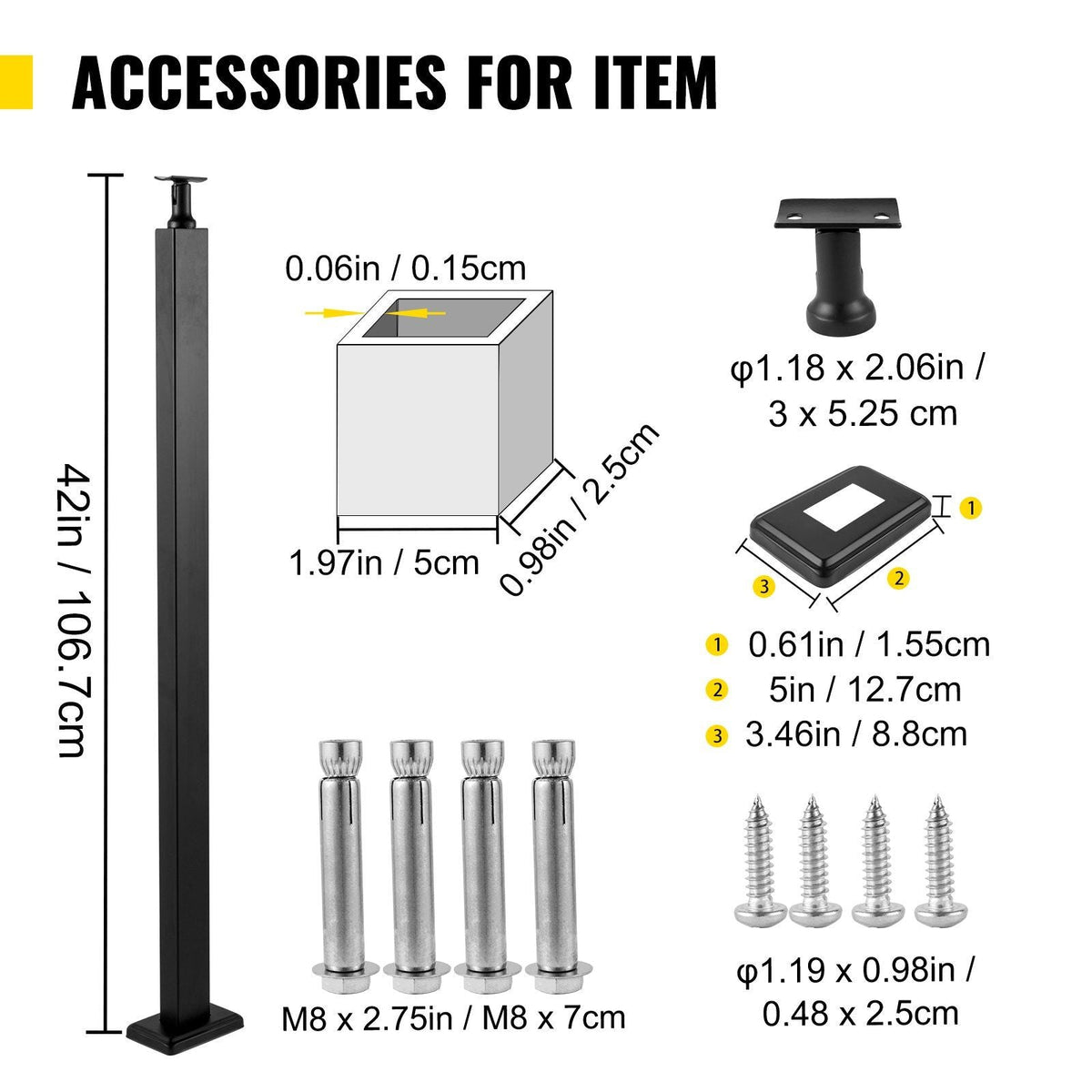 Cable Rail Post Level Deck Stair Post 42 x 0.98 x 1.97" Cable Handrail Post Stainless Steel Brushed Finishing Deck Railing DIY Picket Without Hole Stair Railing Kit with Mount Bracket Black