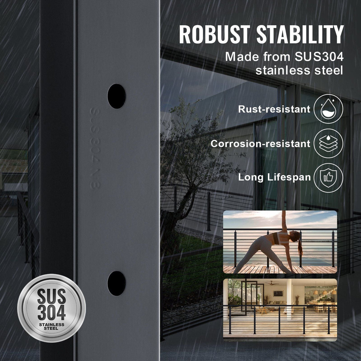 Cable Railing Post, 36" x 2" x 2" Steel Horizontal Hole Deck Railing Post, 10 Pre-Drilled Holes, SUS304 Stainless Steel Cable Rail Post with Horizontal and Curved Bracket, 1-Pack, Black