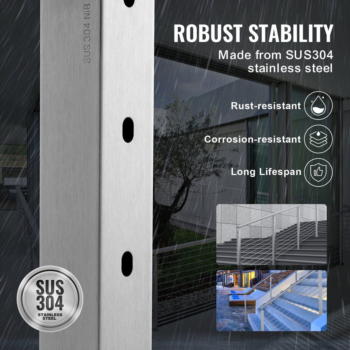 Cable Railing Post, 36" x 2" x 2" Steel Horizontal Hole Deck Railing Post, 10 Pre-Drilled Holes, SUS304 Stainless Steel Cable Rail Post with Horizontal and Curved Bracket, 1-Pack, Silver