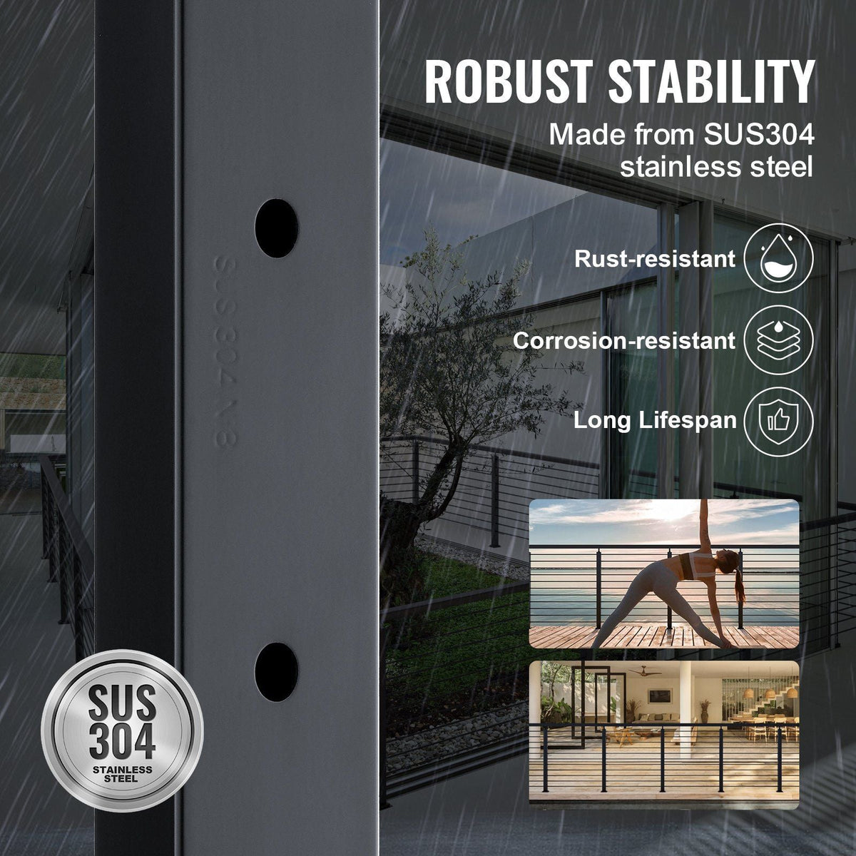 Cable Railing Post Level Deck Stair Post 36 x 0.98 x 1.97" Cable Handrail Post Stainless Steel Brushed Finishing Deck Railing Pre-Drilled Pickets with Mounting Bracket Stair Railing Kit Black