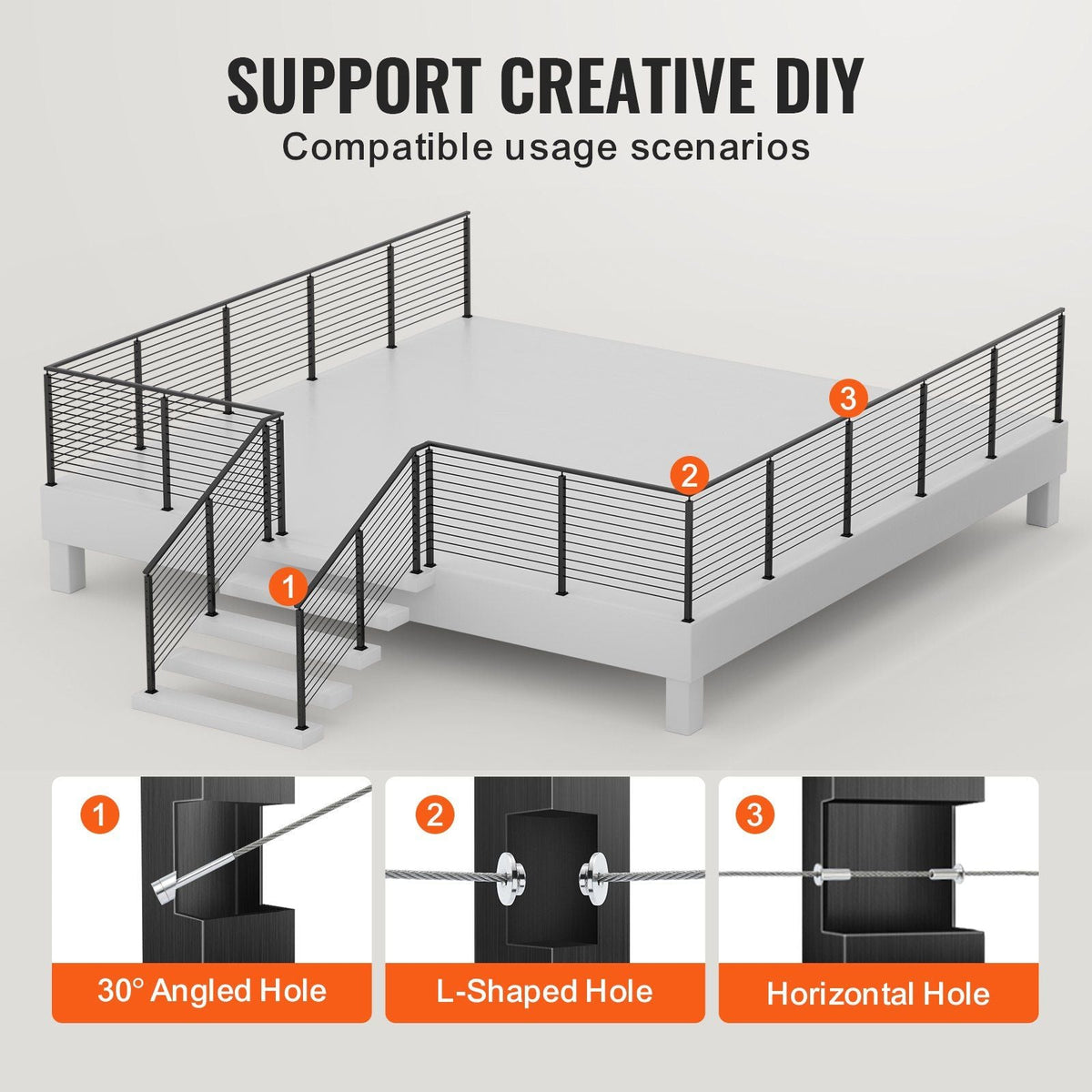 Cable Railing Post Level Deck Stair Post 36 x 0.98 x 1.97" Cable Handrail Post Stainless Steel Brushed Finishing Deck Railing Pre-Drilled Pickets with Mounting Bracket Stair Railing Kit Black