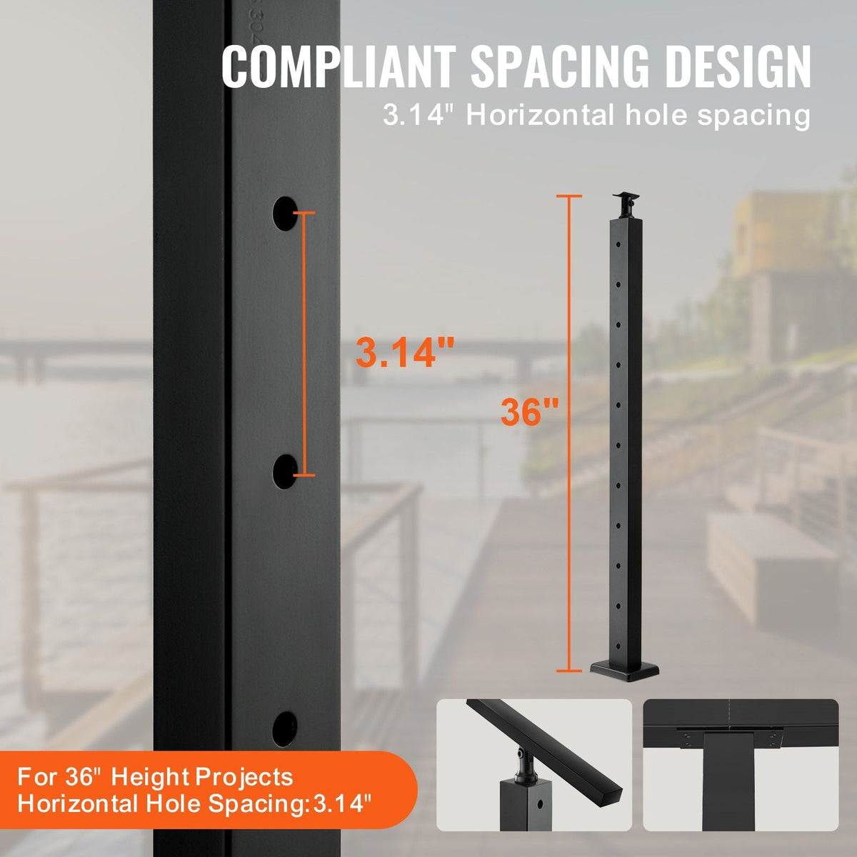 Cable Railing Post Level Deck Stair Post 36 x 0.98 x 1.97" Cable Handrail Post Stainless Steel Brushed Finishing Deck Railing Pre-Drilled Pickets with Mounting Bracket Stair Railing Kit Black