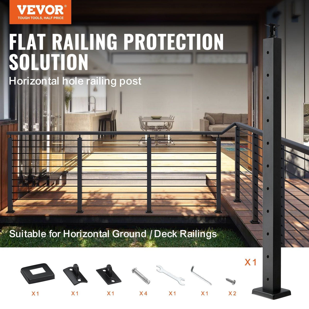 Cable Railing Post Level Deck Stair Post 36 x 0.98 x 1.97" Cable Handrail Post Stainless Steel Brushed Finishing Deck Railing Pre-Drilled Pickets with Mounting Bracket Stair Railing Kit Black