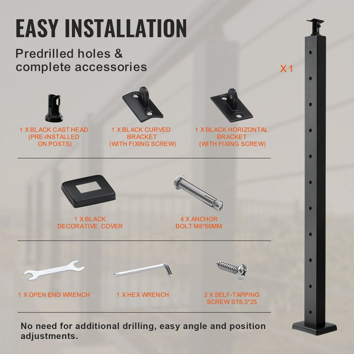 Cable Railing Post Level Deck Stair Post 36 x 0.98 x 1.97" Cable Handrail Post Stainless Steel Brushed Finishing Deck Railing Pre-Drilled Pickets with Mounting Bracket Stair Railing Kit Black