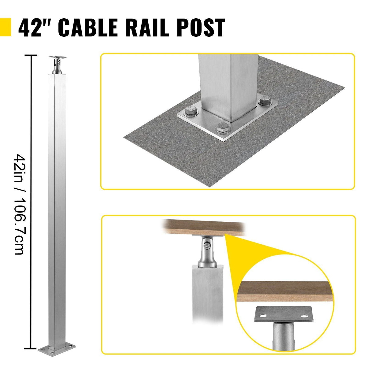 Cable Railing Post Level Deck Stair Post 42 x 0.98 x 1.97" Cable Handrail Post Stainless Steel Wire Drawing Deck Railing DIY Picket Without Hole Stair Railing Kit with Mount Bracket Silver