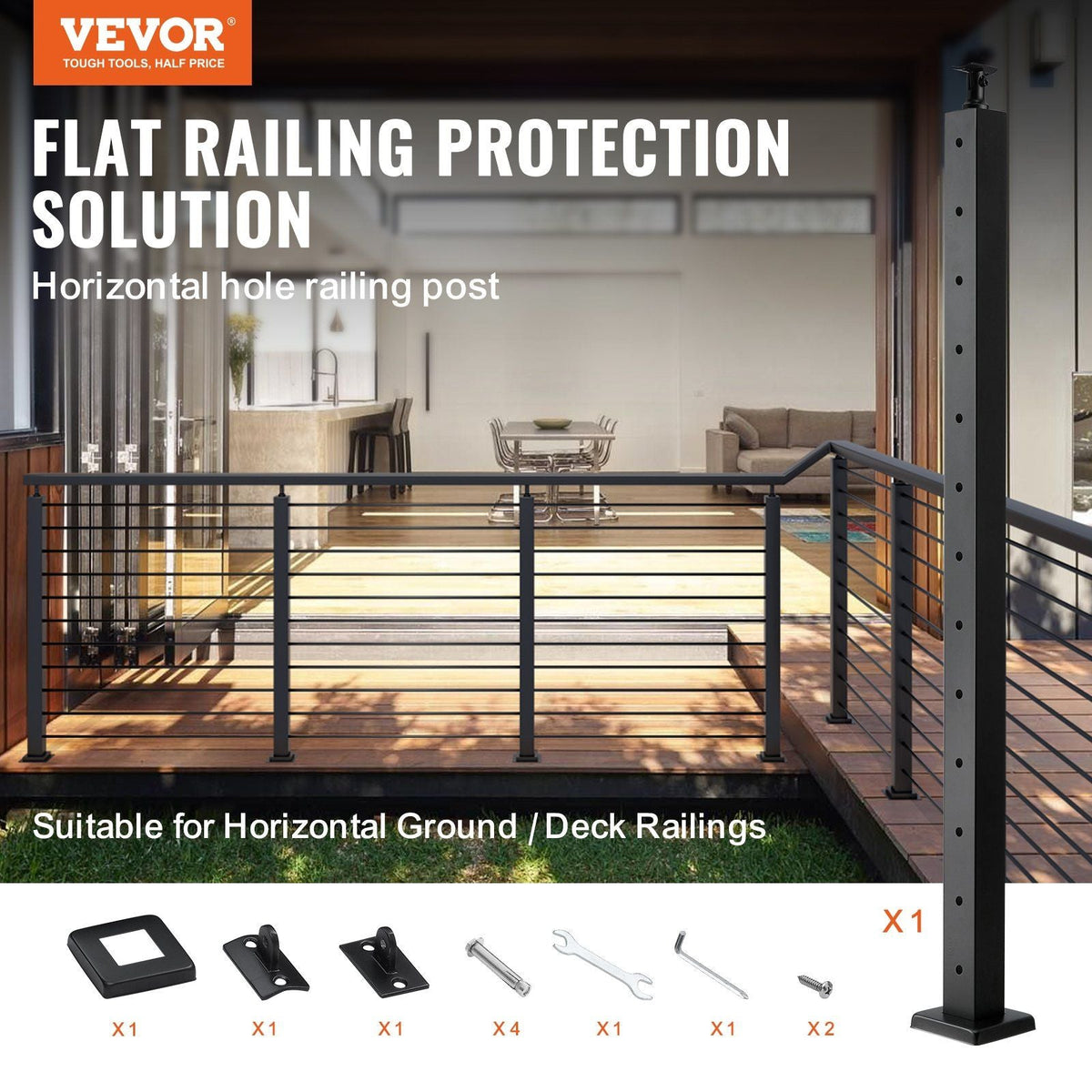 Cable Railing Post Level Deck Stair Post 42 x 1.97 x 1.97" Cable Handrail Post Stainless Steel Brushed Finishing Deck Railing Pre-Drilled Pickets with Mounting Bracket Stair Railing Kit Black