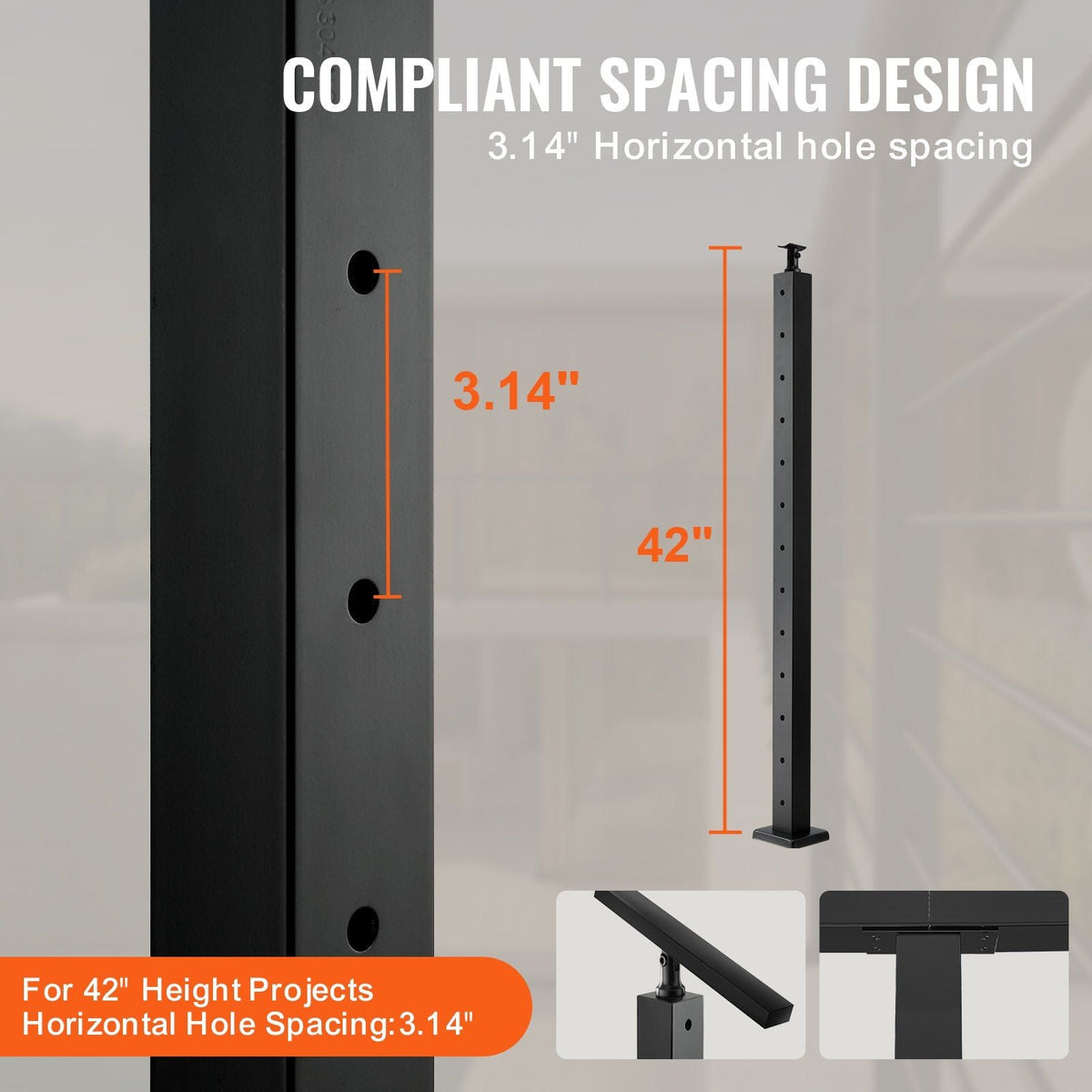 Cable Railing Post Level Deck Stair Post 42 x 1.97 x 1.97" Cable Handrail Post Stainless Steel Brushed Finishing Deck Railing Pre-Drilled Pickets with Mounting Bracket Stair Railing Kit Black