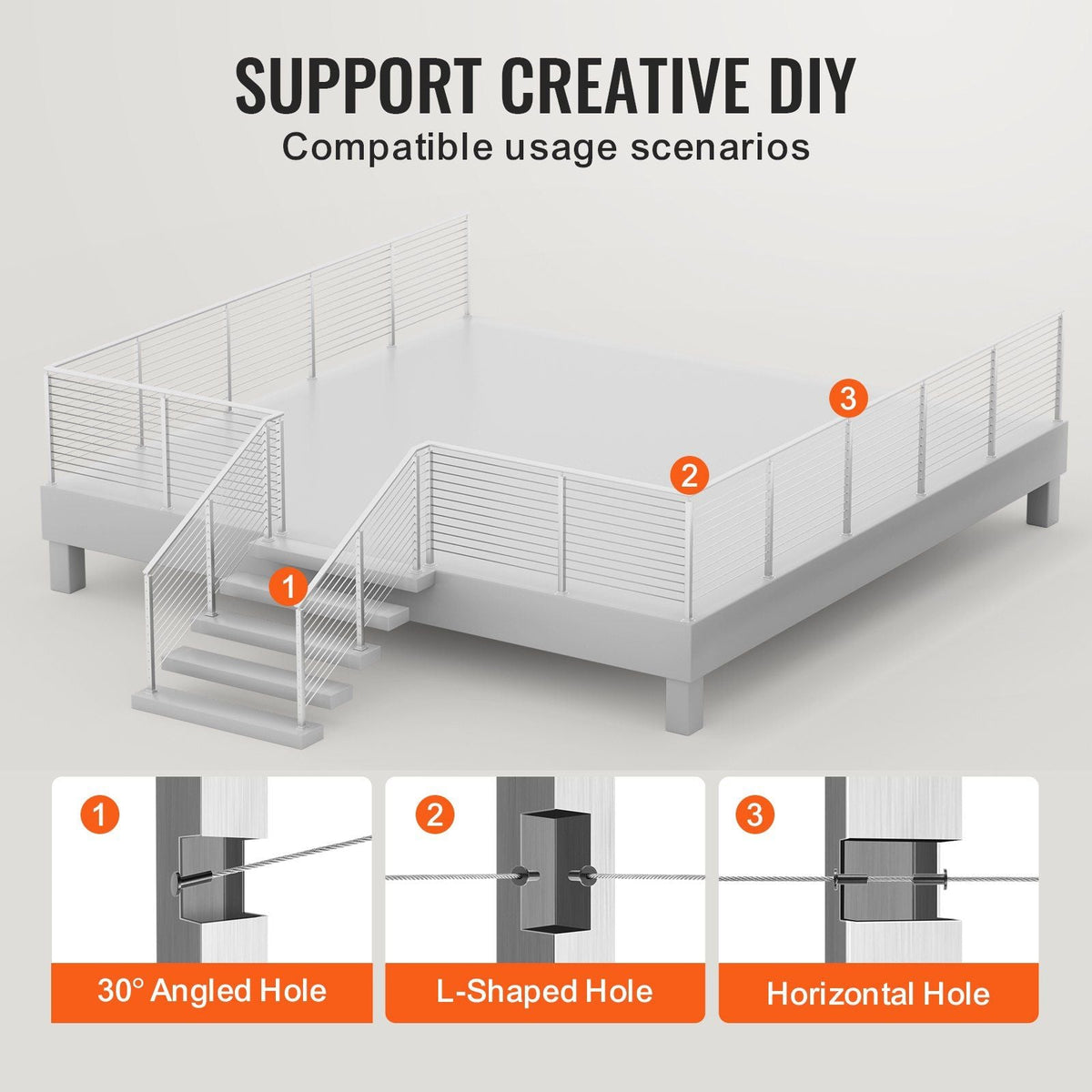 Cable Railing Post Level Deck Stair Post 42 x 1.97 x 1.97" Cable Handrail Post Stainless Steel Wire Drawing Deck Railing Pre-Drilled Pickets with Mounting Bracket Stair Railing Kit Sliver