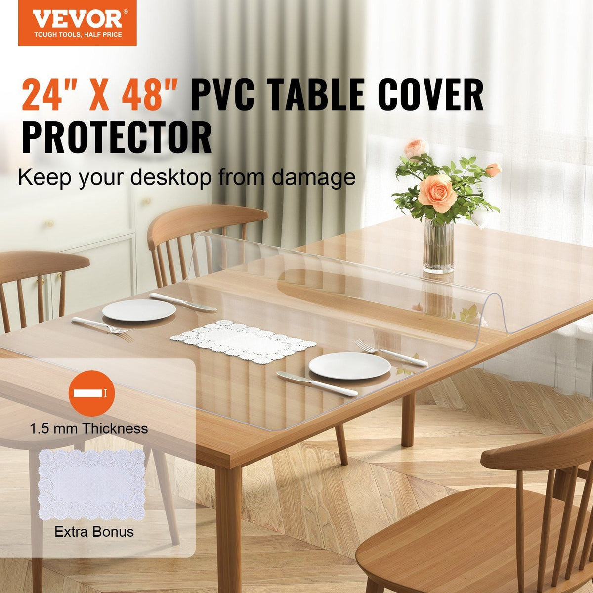 Clear Table Cover Protector, 24" x 48"/613 x 1230.2 mm Table Cover, 1.5 mm Thick PVC Plastic Tablecloth, Waterproof Desktop Protector for Writing Desk, Coffee Table, Dining Room Table