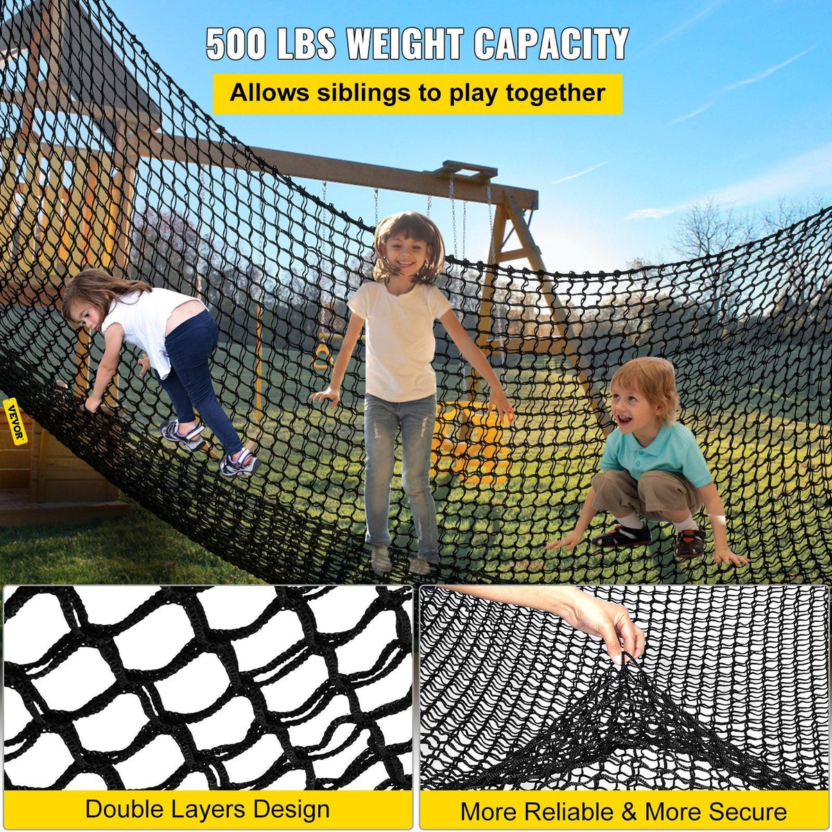 Climbing Cargo Net, 10.5 x 10.5 ft Playground Climbing Cargo Net, Polyester Double Layers Cargo Net Climbing Outdoor w/500lbs Weight Capacity, Rope Bridge Net for Tree House, Monkey Bar, Black