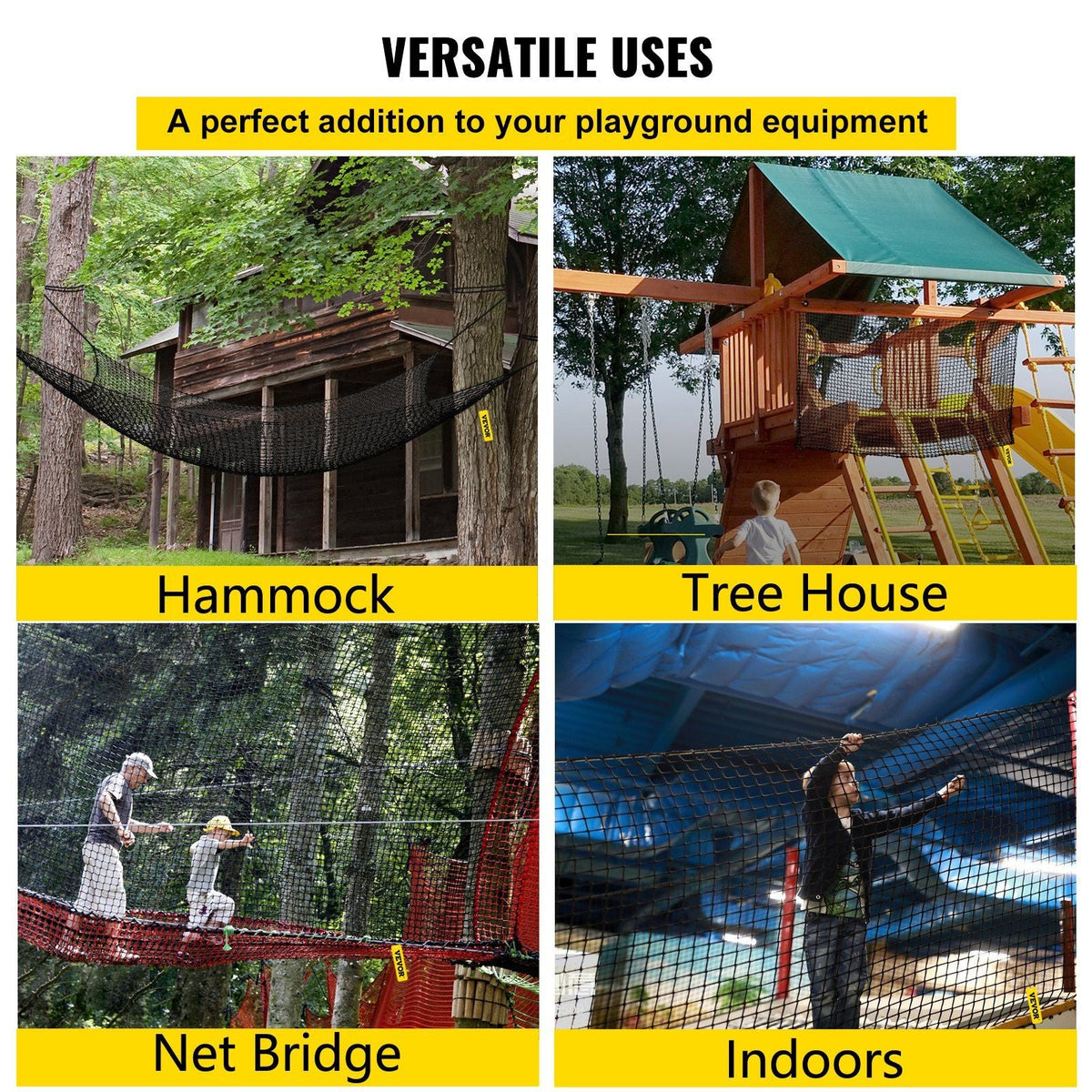 Climbing Cargo Net, 6.6 x 10.5 ft Playground Climbing Cargo Net, Polyester Double Layers Cargo Net Climbing Outdoor w/ 500lbs Weight Capacity, Rope Bridge Net for Tree House, Monkey Bar, Black