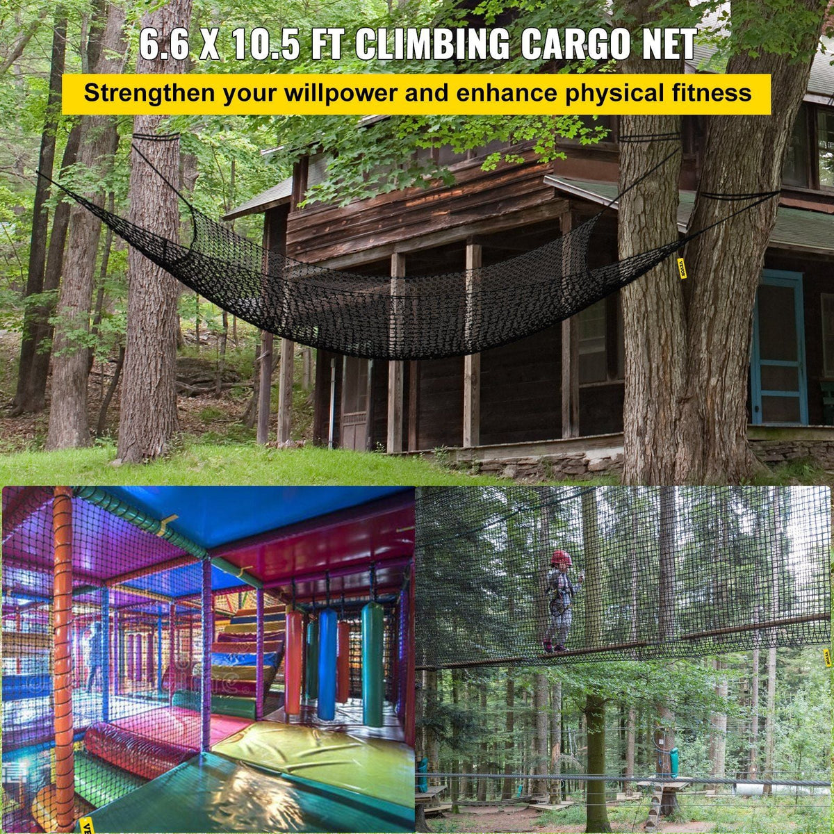 Climbing Cargo Net, 6.6 x 10.5 ft Playground Climbing Cargo Net, Polyester Double Layers Cargo Net Climbing Outdoor w/ 500lbs Weight Capacity, Rope Bridge Net for Tree House, Monkey Bar, Black
