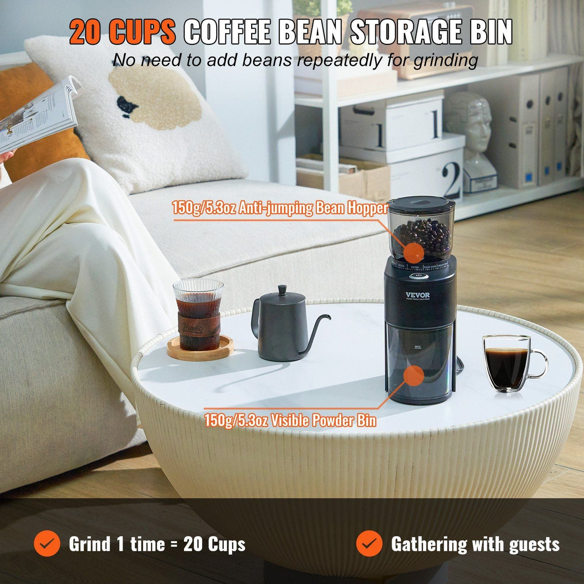 Coffee Grinder with 38 Precise Conical Burr Coffee Grinder 5.3-Ounce 20 Cups Coffee Bean Grinder Perfect for Drip, Espresso