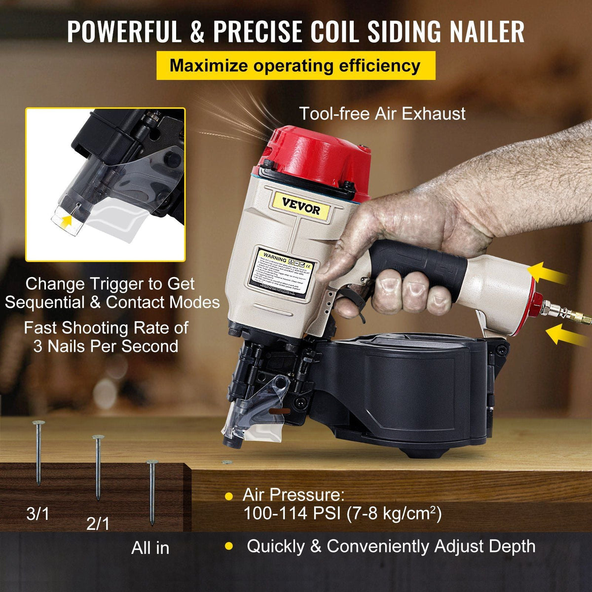 Coil Siding Nailer CN70, 1-3/4-inch to 2-3/4-inch 15 Degree Pneumatic Siding Nail Gun for Siding Sheathing Wooding Fencing Decking