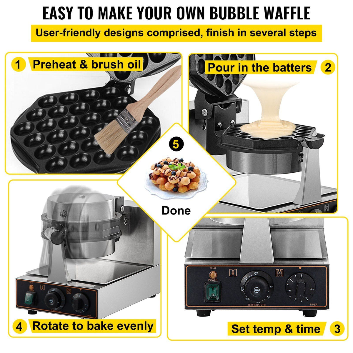 Commercial Bubble Waffle Maker, Hexagonal Mould, 1200W Egg Bubble Puff Iron w/ 360°Rotatable 2 Pans & Bent Handles, Stainless Steel Baker w/ Non-Stick Teflon Coating, 122-572°F Adjustable