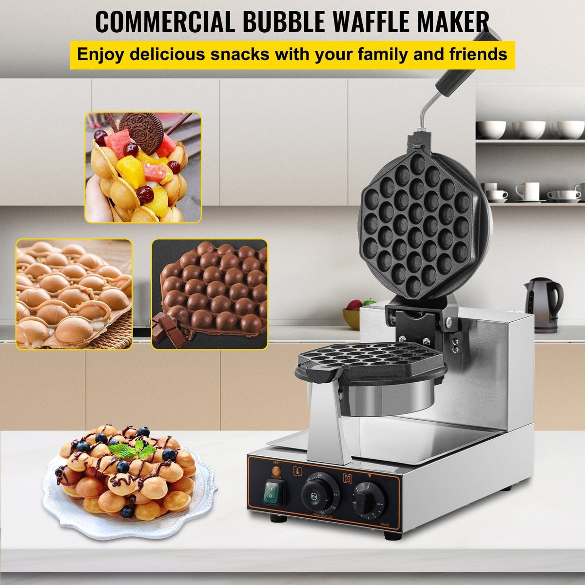 Commercial Bubble Waffle Maker, Hexagonal Mould, 1200W Egg Bubble Puff Iron w/ 360°Rotatable 2 Pans & Bent Handles, Stainless Steel Baker w/ Non-Stick Teflon Coating, 122-572°F Adjustable