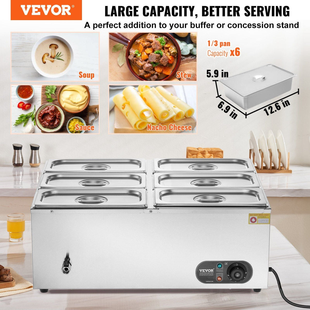 Commercial Electric Food Warmer Countertop Buffet 6*5Qt Pan Bain Marie