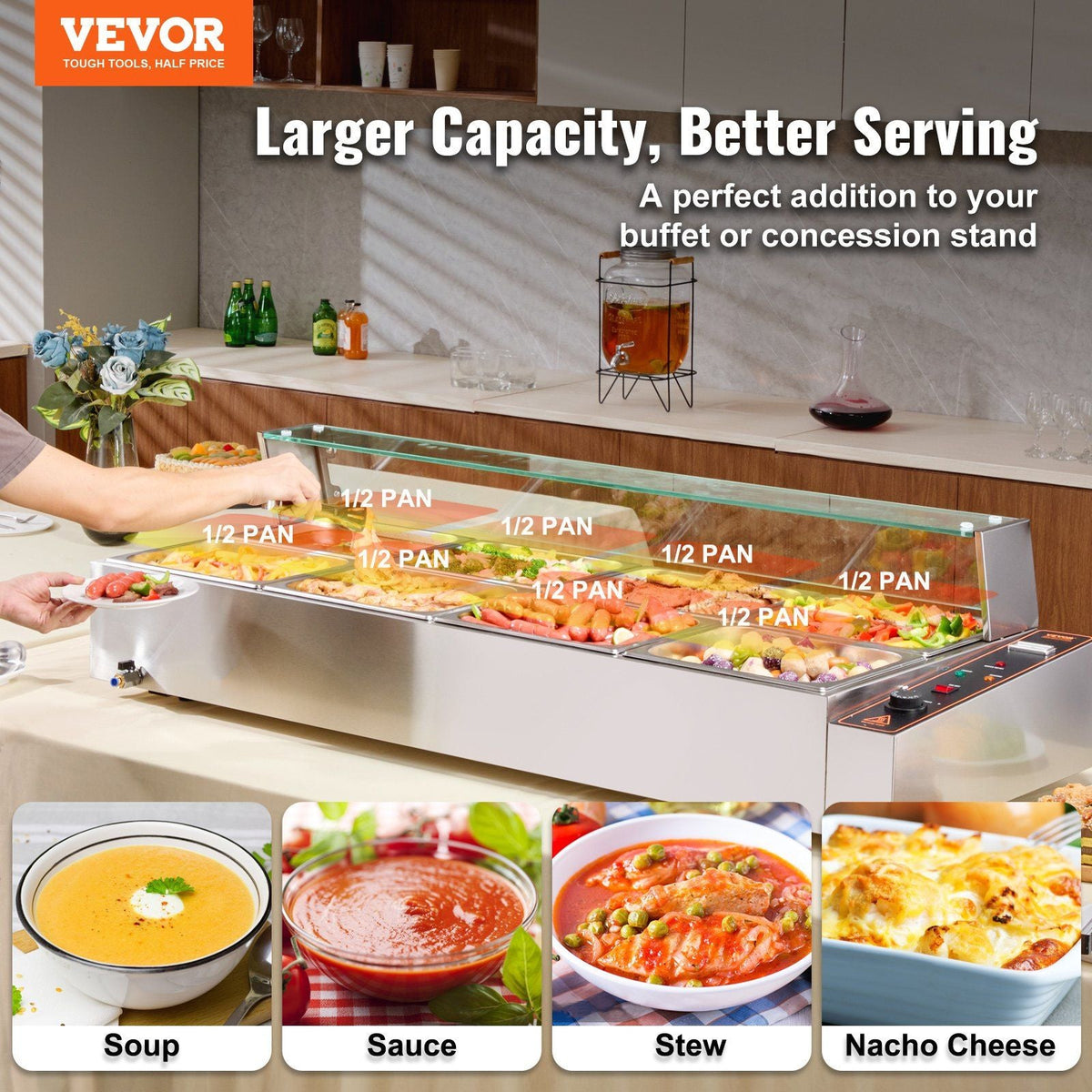 Commercial Electric Food Warmer Countertop Buffet 8*8Qt with Glass Shield