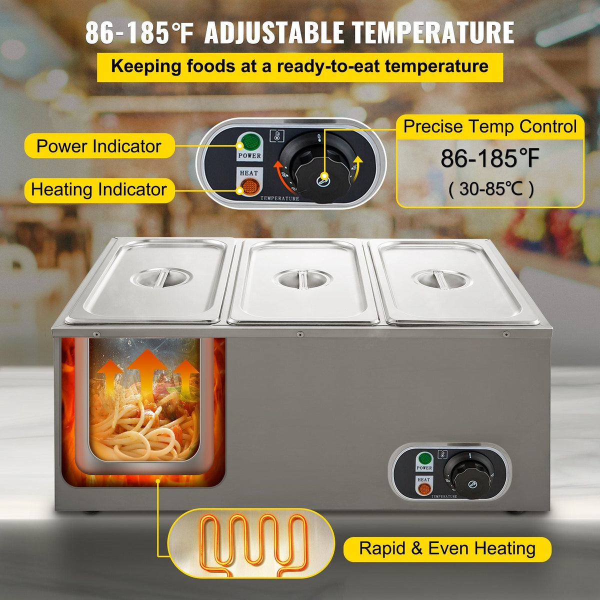 Commercial Food Warmer 3-Pan 850W Electric Countertop Steam Table 15cm/6inch Deep Stainless Steel Bain Marie Buffet Food Warmer Large Capacity 7 Quart/Pan for Catering and Restaurants