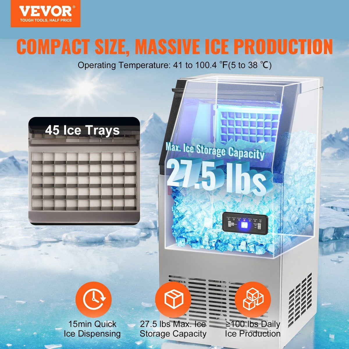 Commercial Ice Maker, 100 lbs/24H, Ice Maker Machine, 45 Ice Cubes in 12-15 Minutes, Freestanding Cabinet Ice Maker with 27.5 lbs Storage Capacity LED Digital Display, for Home Office Restaurant