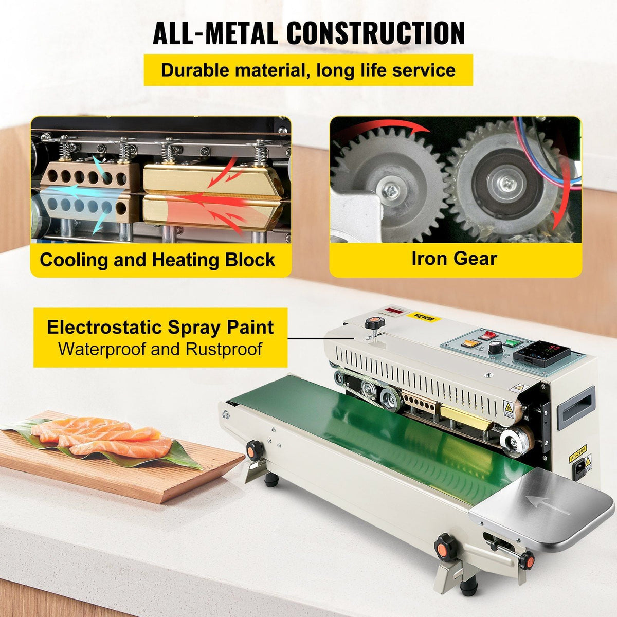 Continuous Bag Band Sealing Machine FR900K Band Sealer Machine with Digital Temperature Control Horizontal Bag Sealer for 0.02-0.08 mm Plastic Bags Continuous Band Sealer w/ Printing Function