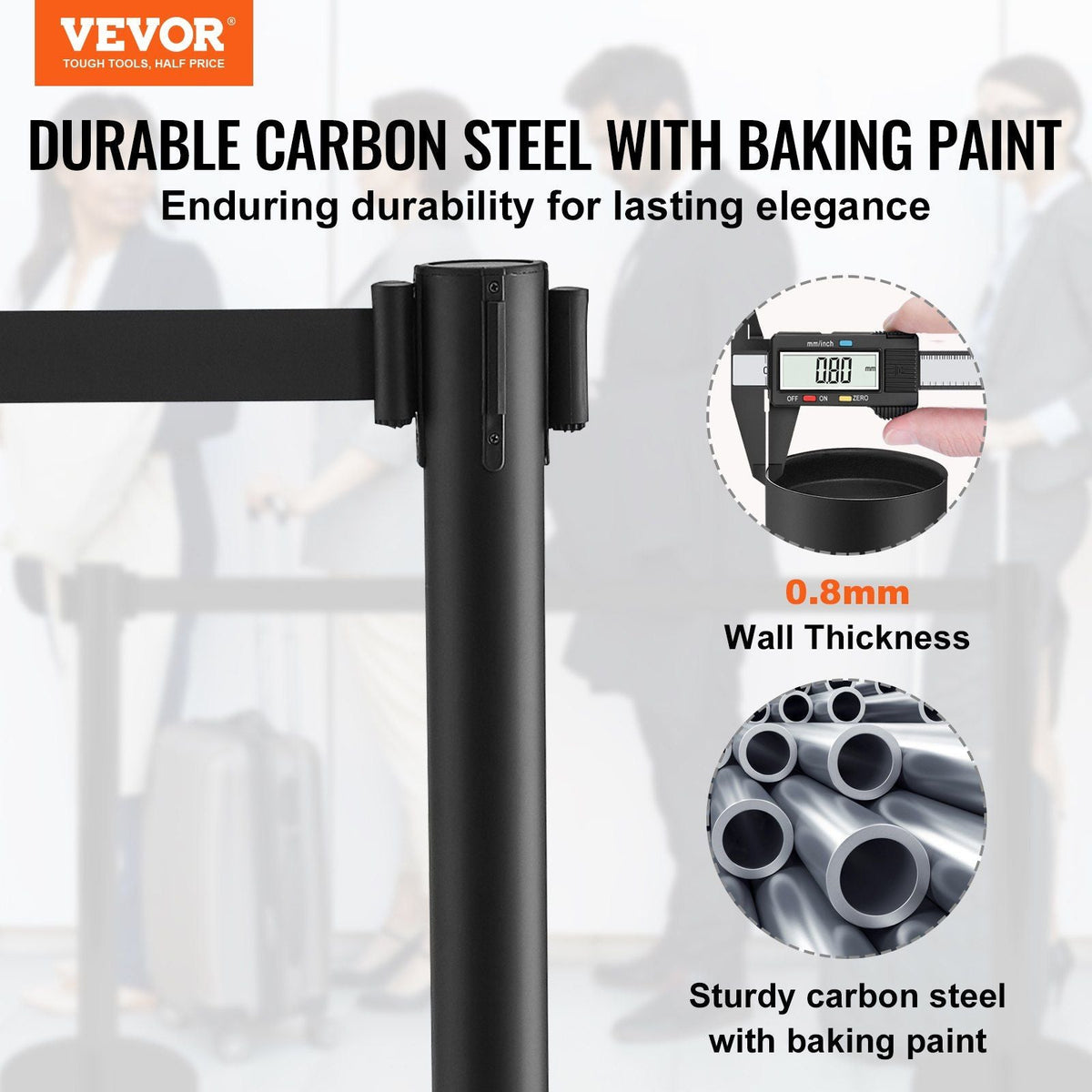 Crowd Control Stanchion, 4-Pack Crowd Control Barrier, Carbon Steel Baking Painted Stanchion Queue Post with 2PCS 6.5FT Retractable Belt & Fillable Base, Belt Barrier Line Divider, Easy Assembly