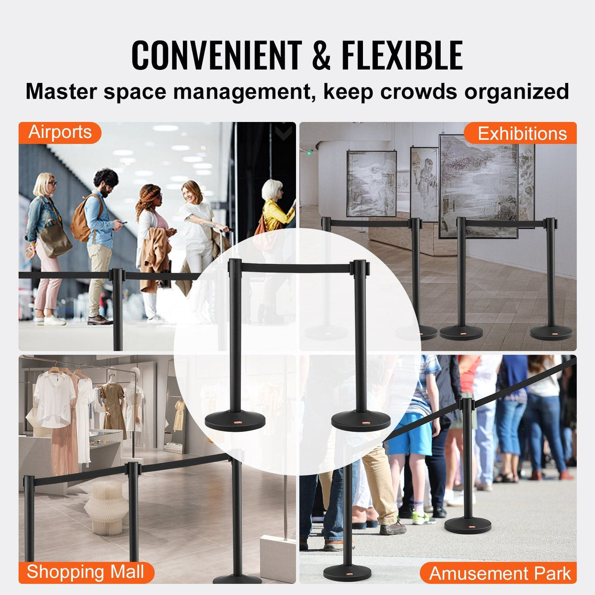 Crowd Control Stanchion, 4-Pack Crowd Control Barrier, Carbon Steel Baking Painted Stanchion Queue Post with 2PCS 6.5FT Retractable Belt & Fillable Base, Belt Barrier Line Divider, Easy Assembly