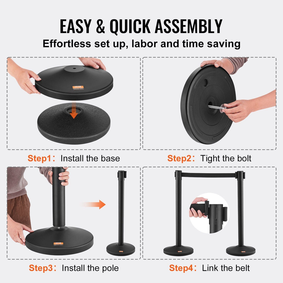Crowd Control Stanchion, 4-Pack Crowd Control Barrier, Carbon Steel Baking Painted Stanchion Queue Post with 2PCS 6.5FT Retractable Belt & Fillable Base, Belt Barrier Line Divider, Easy Assembly