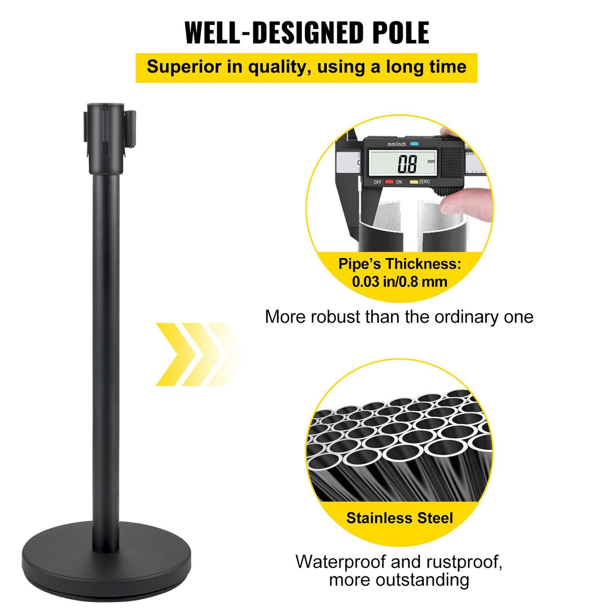 Crowd Control Stanchion, Set of 4 Pieces Stanchion Set, Stanchion Set with 6.6 ft/2 m Black Retractable Belt, Black Crowd Control Barrier w/Concrete and Metal Base - Easy Connect Assembly