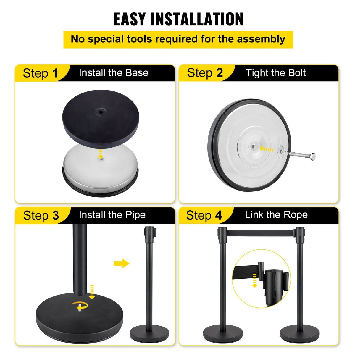 Crowd Control Stanchion, Set of 4 Pieces Stanchion Set, Stanchion Set with 6.6 ft/2 m Black Retractable Belt, Black Crowd Control Barrier w/Concrete and Metal Base - Easy Connect Assembly