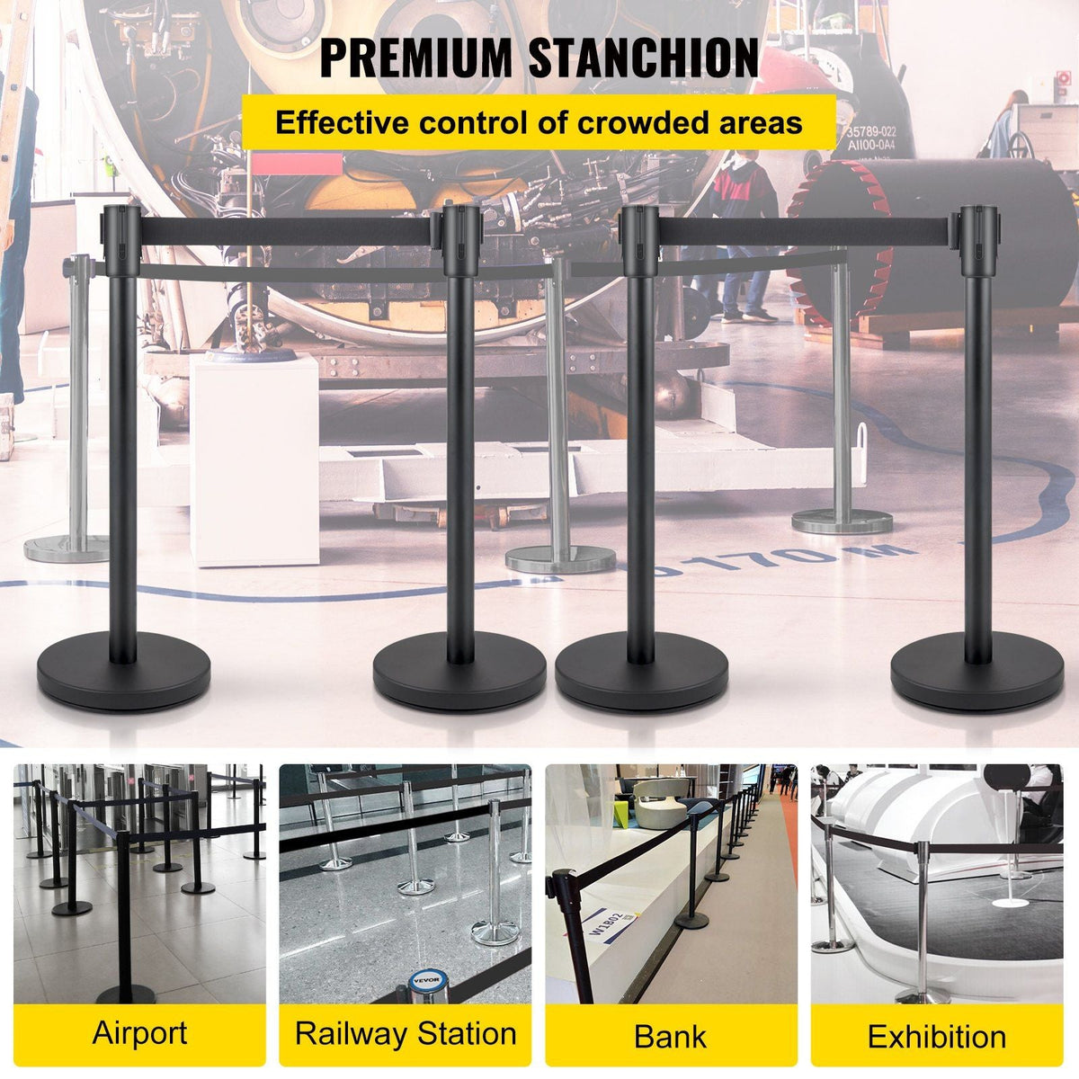 Crowd Control Stanchion, Set of 4 Pieces Stanchion Set, Stanchion Set with 6.6 ft/2 m Black Retractable Belt, Black Crowd Control Barrier w/Concrete and Metal Base - Easy Connect Assembly