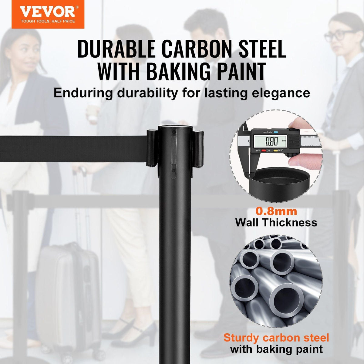 Crowd Control Stanchions, 2-Pack Crowd Control Barriers, Carbon Steel Baking Painted Stanchion Queue Post with 11FT Black Retractable Belt, Belt Barriers Line Divider for Exhibition, Airport