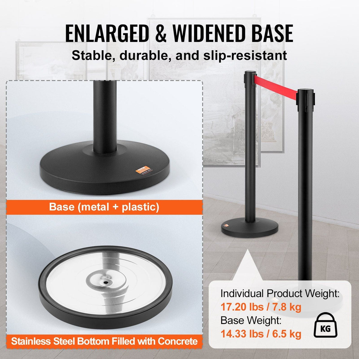 Crowd Control Stanchions, 2-Pack Crowd Control Barriers, Carbon Steel Baking Painted Stanchion Queue Post with 11FT Black Retractable Belt, Belt Barriers Line Divider for Exhibition, Airport