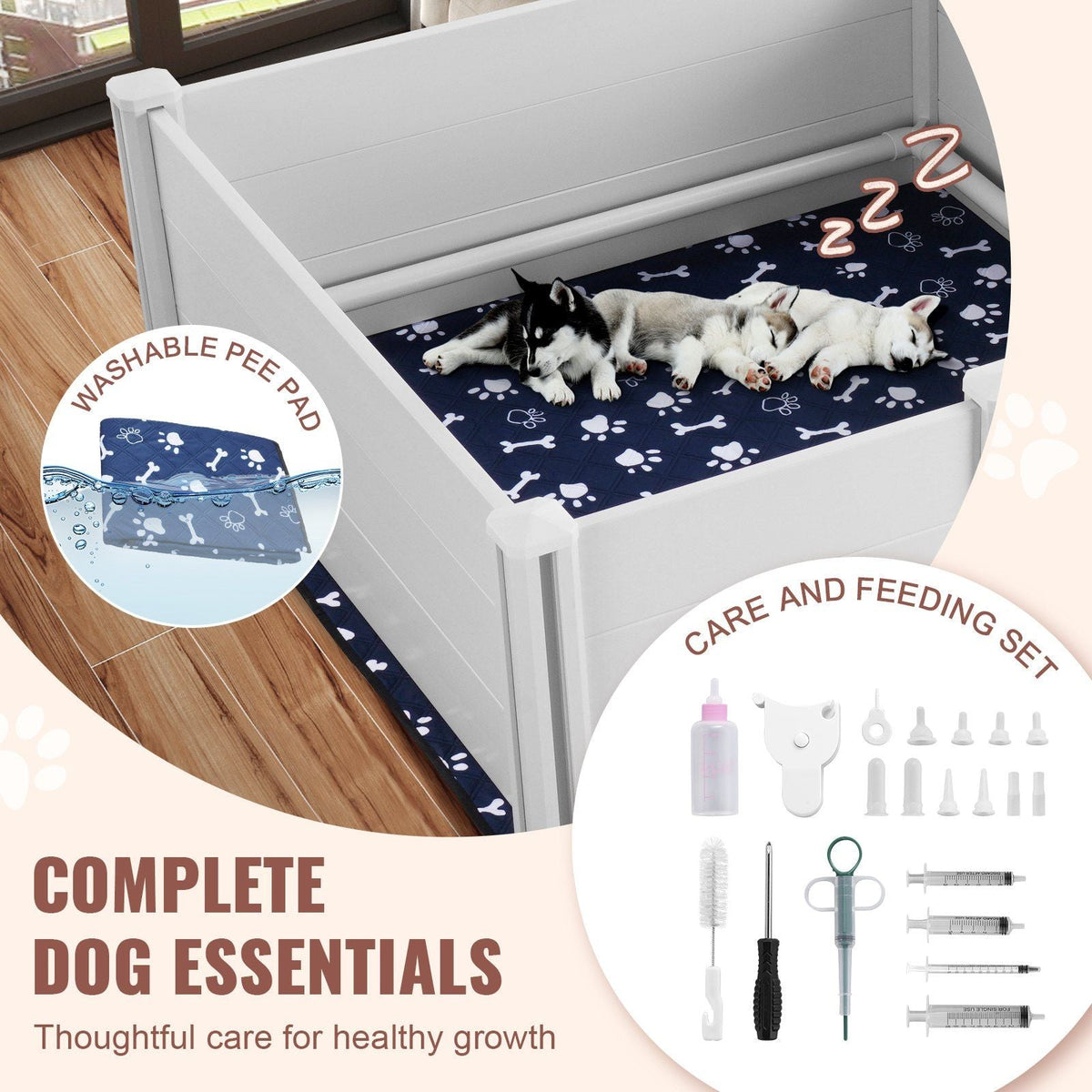 Dog Whelping Box 93.3 x 48.4 x 18.1in Dual Zone PVC with Rails Pee Pad