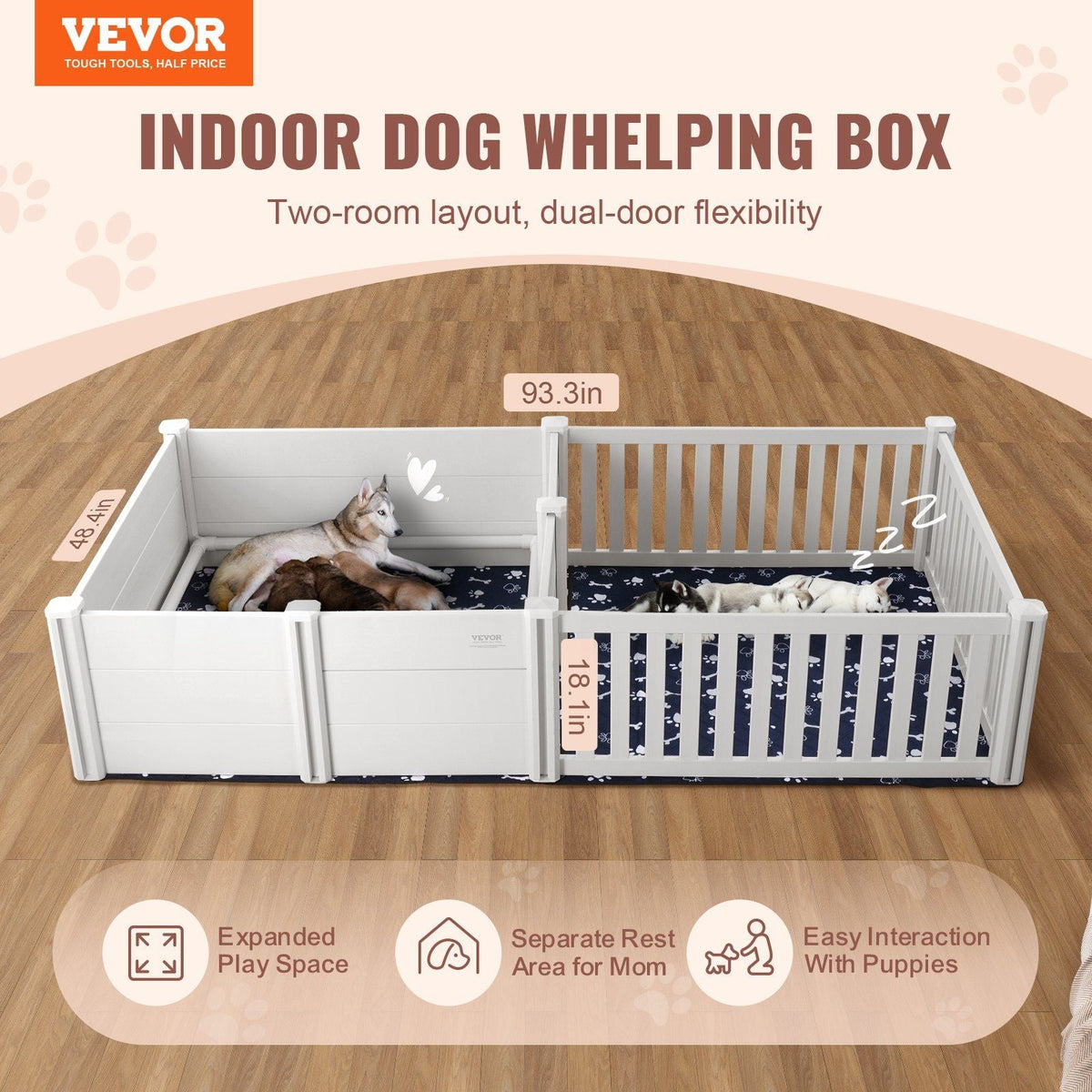 Dog Whelping Box 93.3 x 48.4 x 18.1in Dual Zone PVC with Rails Pee Pad