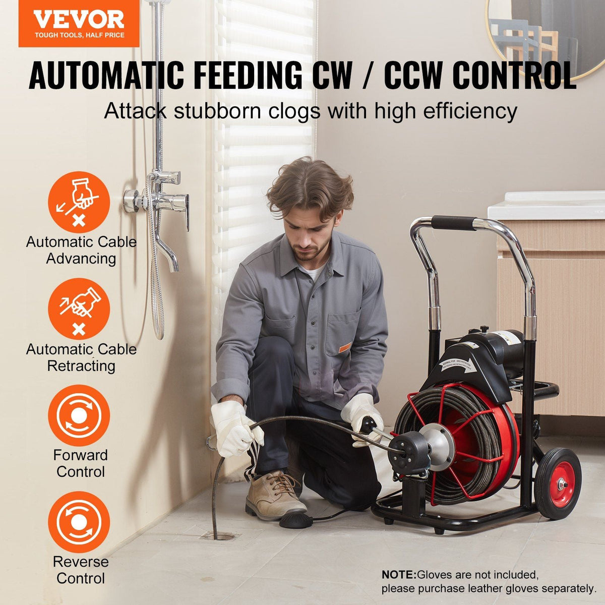 Drain Cleaner Machine Electric Drain Auger 100FT x 3/8 In Auto Feed