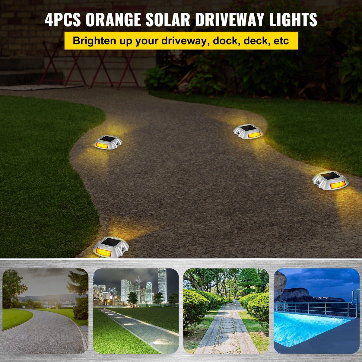 Driveway Lights, 4-Pack Solar Driveway Lights with Switch Button, Solar Deck Lights Waterproof, Wireless Dock Lights 6 LEDs for Path Warning Garden Walkway Sidewalk Steps, LED Bright Orange